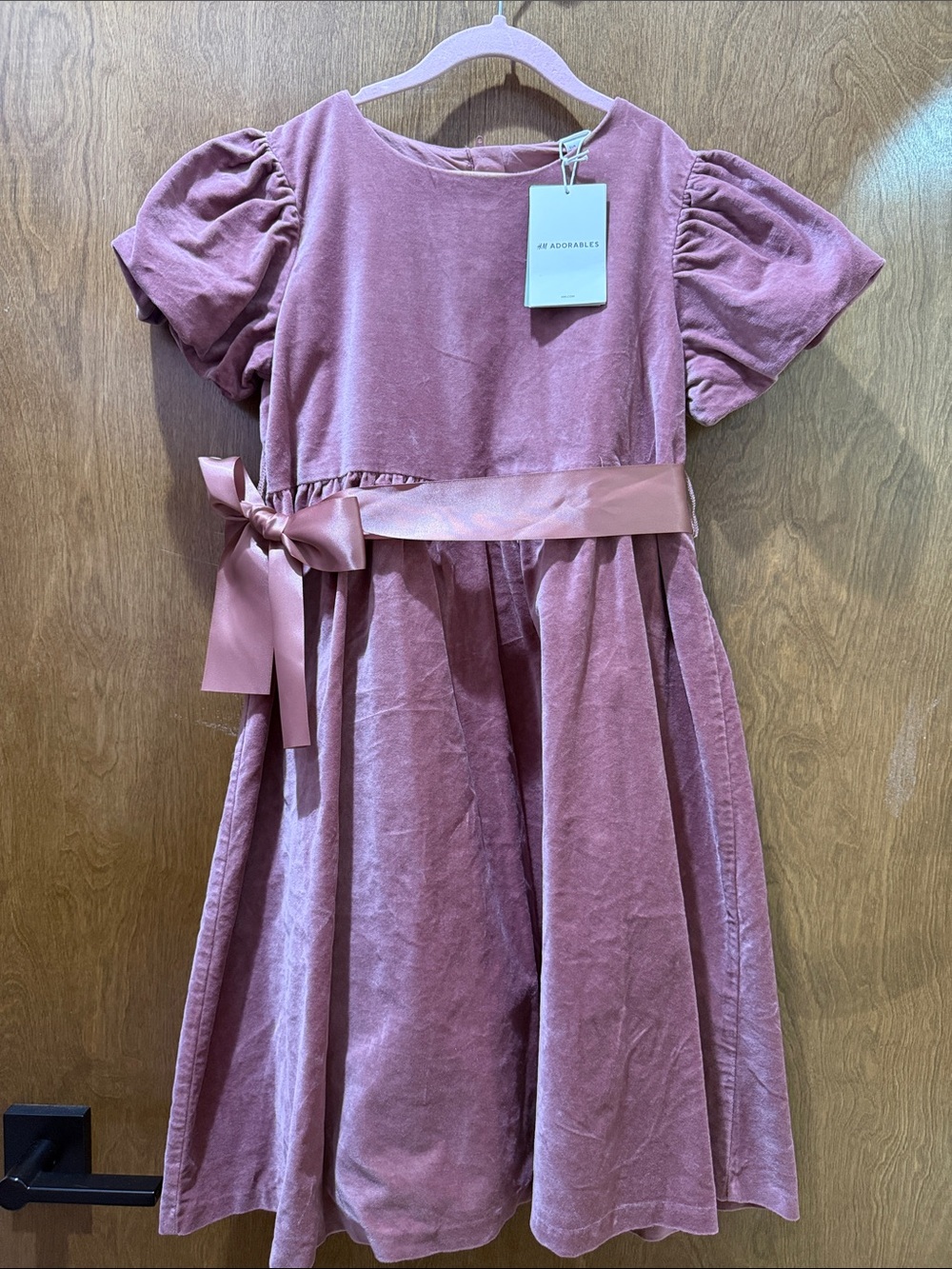 H&M Girls' Dusty Rose Velvet Dress with Satin Waist Bow